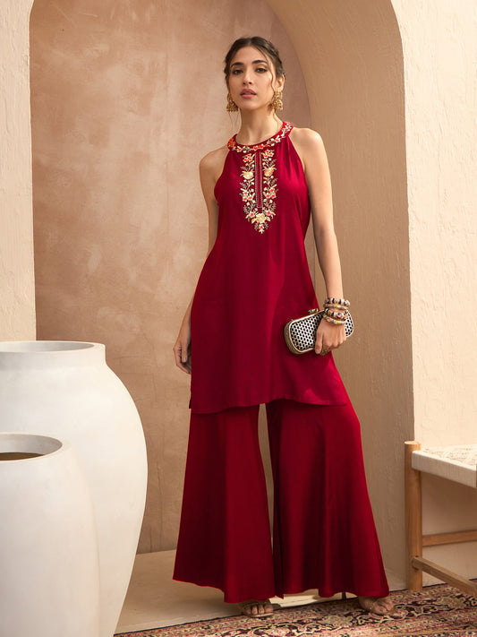 Women Red Embroidered Halter Kurta With Palazzos