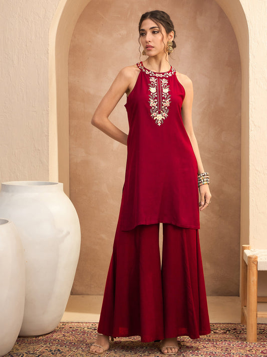Women Red Embroidered Halter Kurta With Palazzos