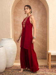 Women Red Embroidered Halter Kurta With Palazzos