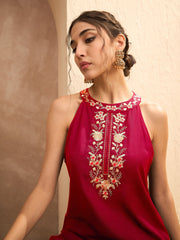 Women Red Embroidered Halter Kurta With Palazzos