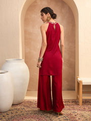 Women Red Embroidered Halter Kurta With Palazzos