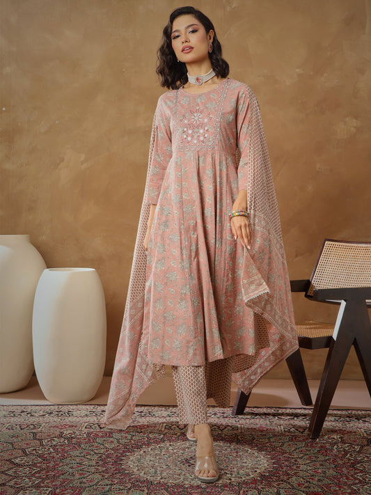 Women Peach Floral Anarkali Kurta With Pants & Dupatta