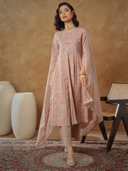Women Peach Floral Anarkali Kurta With Pants & Dupatta