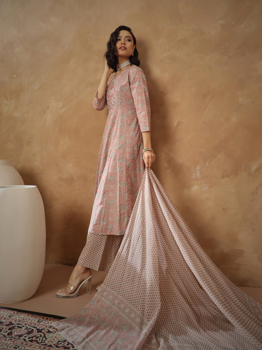Women Peach Floral Anarkali Kurta With Pants & Dupatta