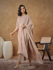 Women Peach Floral Anarkali Kurta With Pants & Dupatta