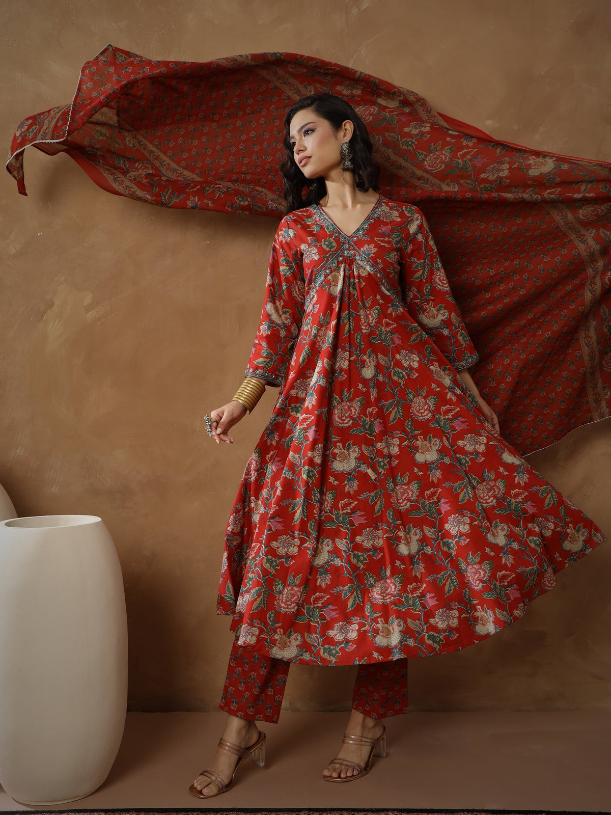 Women Red Floral Anarkali Kurta With Pants & Dupatta