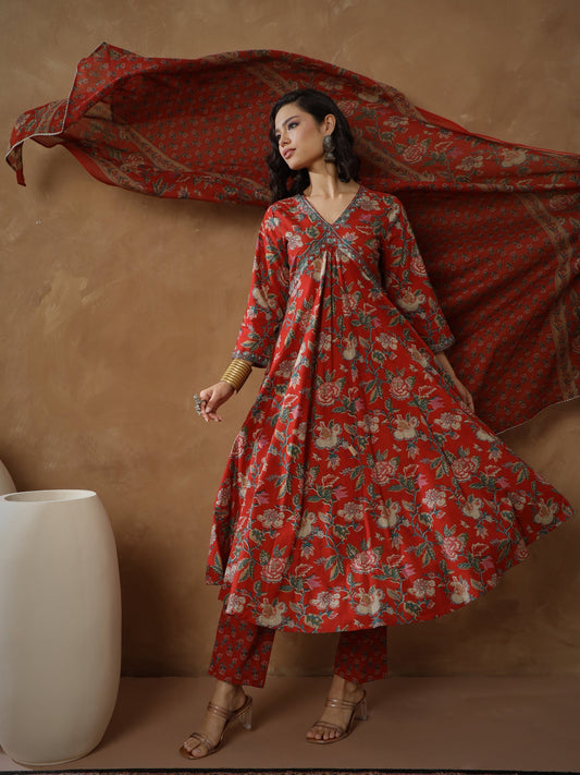 Women Red Floral Anarkali Kurta With Pants & Dupatta