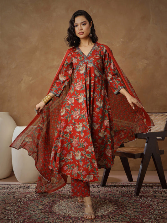 Women Red Floral Anarkali Kurta With Pants & Dupatta
