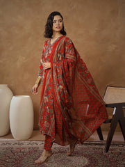 Women Red Floral Anarkali Kurta With Pants & Dupatta