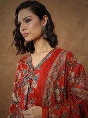 Women Red Floral Anarkali Kurta With Pants & Dupatta