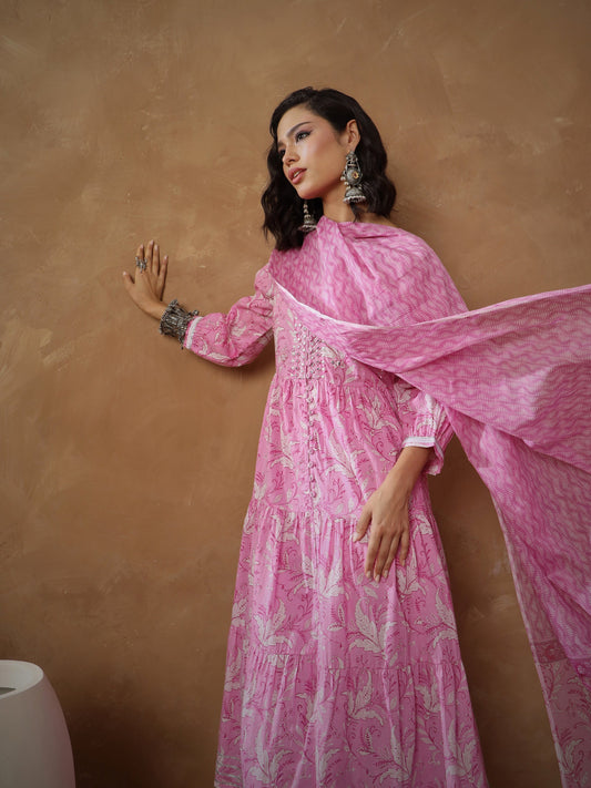 Women Pink Floral Tiered Anarkali Kurta With Pants & Dupatta