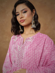 Women Pink Floral Tiered Anarkali Kurta With Pants & Dupatta