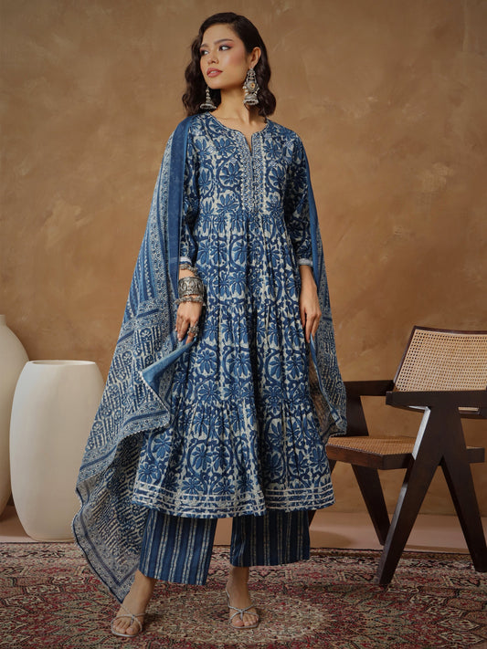 Women Navy Floral Tiered Anarkali Kurta With Pants & Dupatta