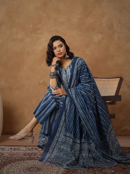 Women Navy Floral Tiered Anarkali Kurta With Pants & Dupatta