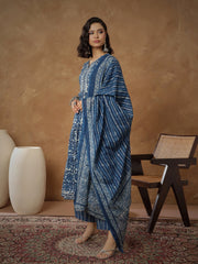 Women Navy Floral Tiered Anarkali Kurta With Pants & Dupatta