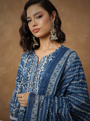 Women Navy Floral Tiered Anarkali Kurta With Pants & Dupatta