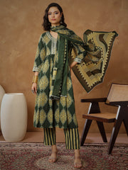 Women Green Floral Gathered Kurta With Pants & Dupatta