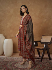 Women Maroon Floral Gathered Kurta With Pants & Dupatta