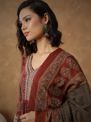 Women Maroon Floral Gathered Kurta With Pants & Dupatta