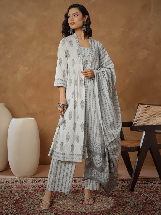 Women White Ethnic Motif Anarkali Kurta With Pants & Dupatta
