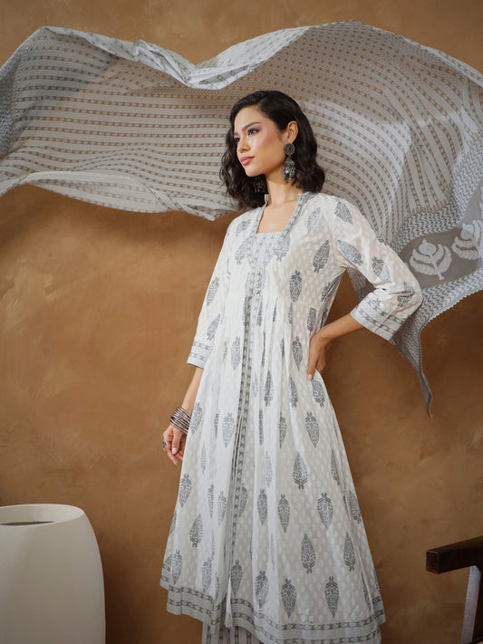 Women White Ethnic Motif Anarkali Kurta With Pants & Dupatta