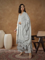 Women White Ethnic Motif Anarkali Kurta With Pants & Dupatta