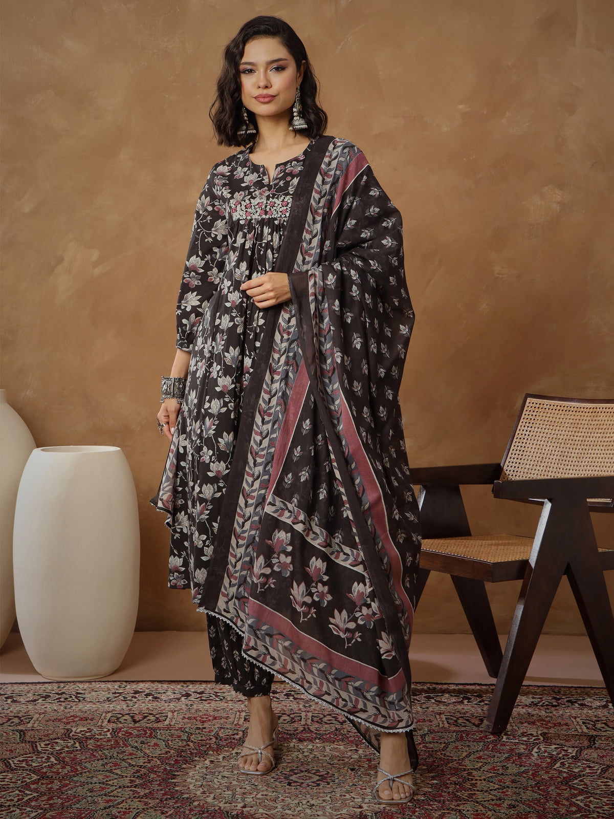 Women Black Floral Anarkali Kurta With Afghani Pants & Dupatta