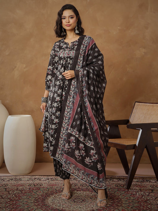 Women Black Floral Anarkali Kurta With Afghani Pants & Dupatta
