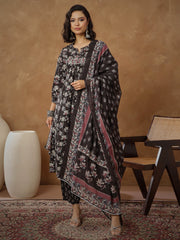 Women Black Floral Anarkali Kurta With Afghani Pants & Dupatta