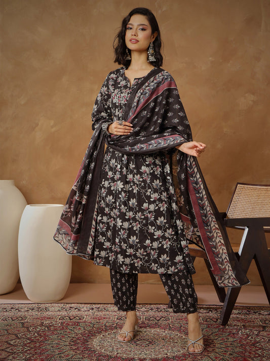 Women Black Floral Anarkali Kurta With Afghani Pants & Dupatta
