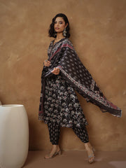 Women Black Floral Anarkali Kurta With Afghani Pants & Dupatta