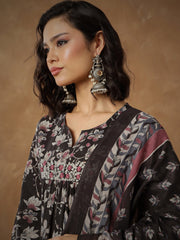 Women Black Floral Anarkali Kurta With Afghani Pants & Dupatta