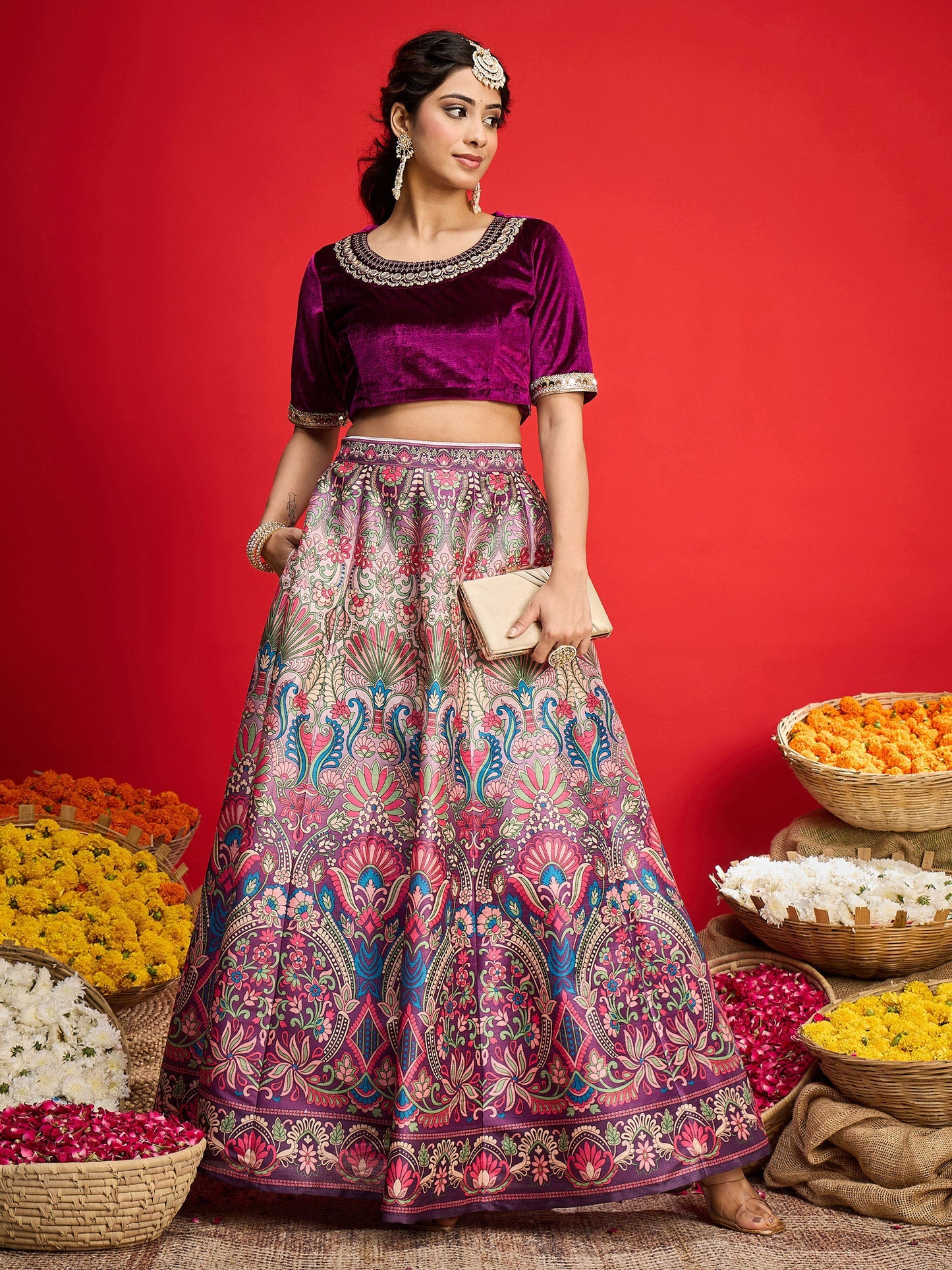 Shae by SASSAFRAS - Women Purple Velvet Top With Anarkali Skirt