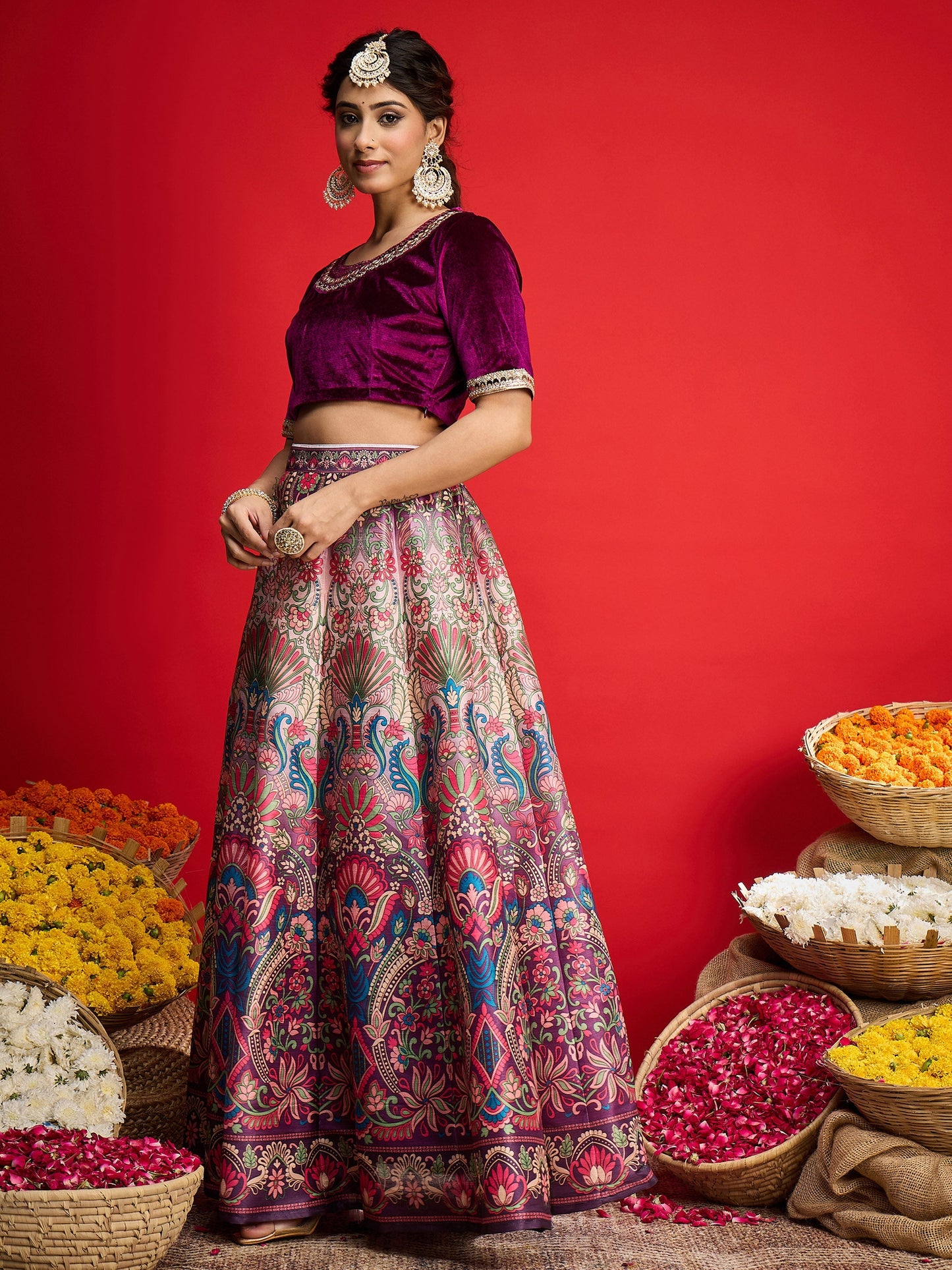 Shae by SASSAFRAS - Women Purple Velvet Top With Anarkali Skirt