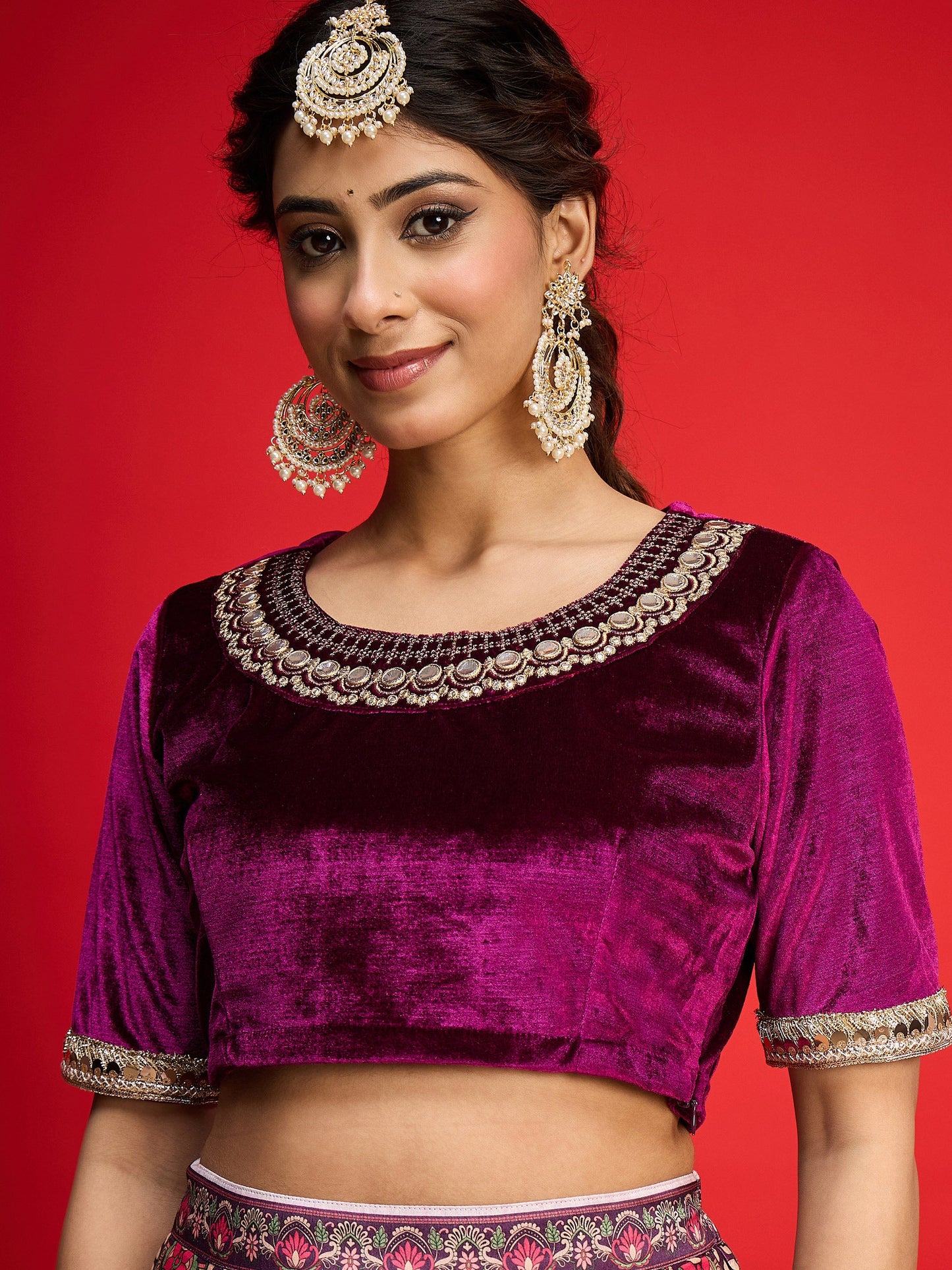 Shae by SASSAFRAS - Women Purple Velvet Top With Anarkali Skirt