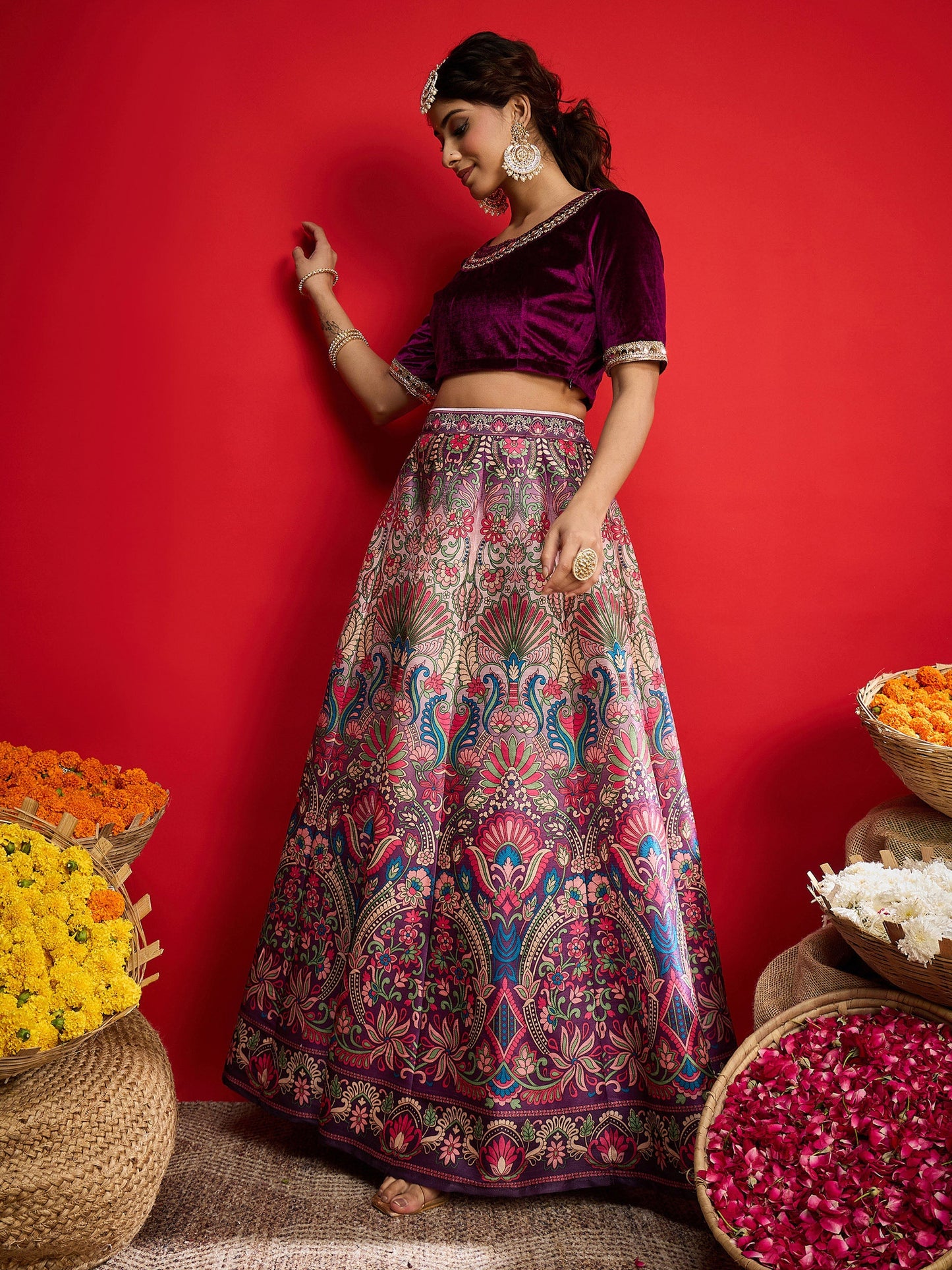Shae by SASSAFRAS - Women Purple Velvet Top With Anarkali Skirt