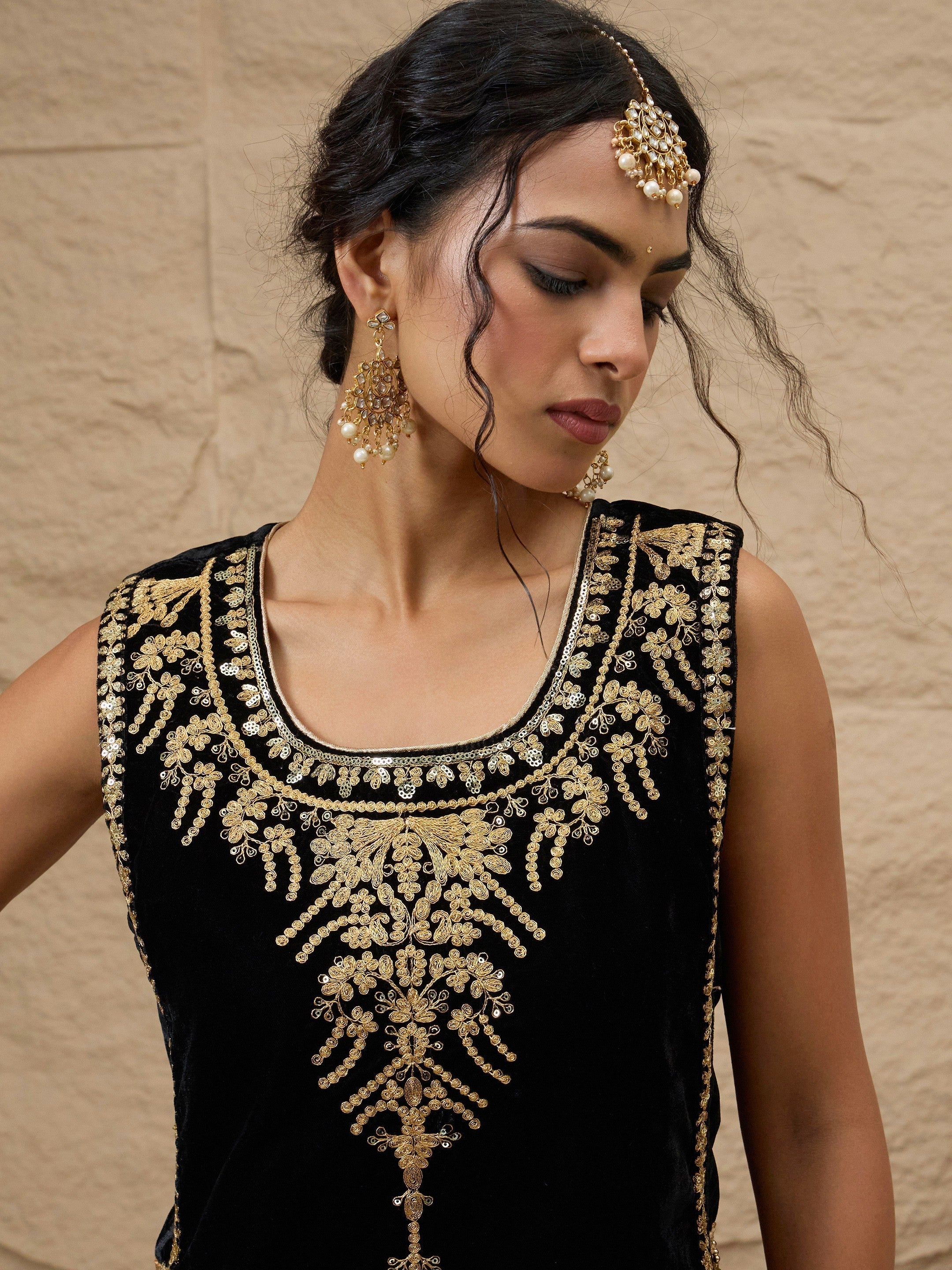 Black Velvet Sleeveless Top With Pleated Skirt Shae by SASSAFRAS