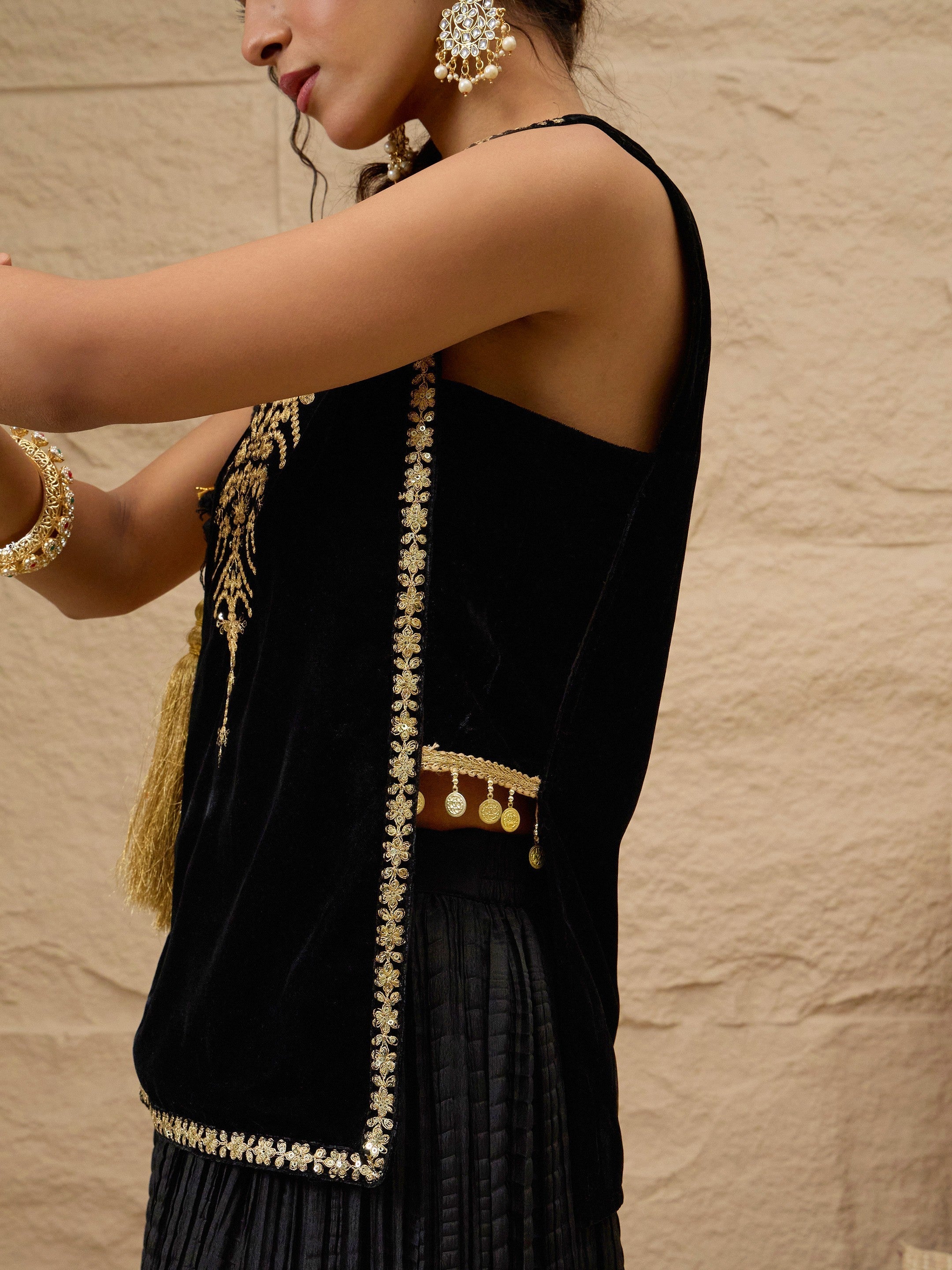 Black Velvet Sleeveless Top With Pleated Skirt Shae by SASSAFRAS