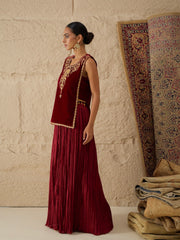 Maroon Velvet Sleeveless Top With Pleated Skirt Shae by SASSAFRAS