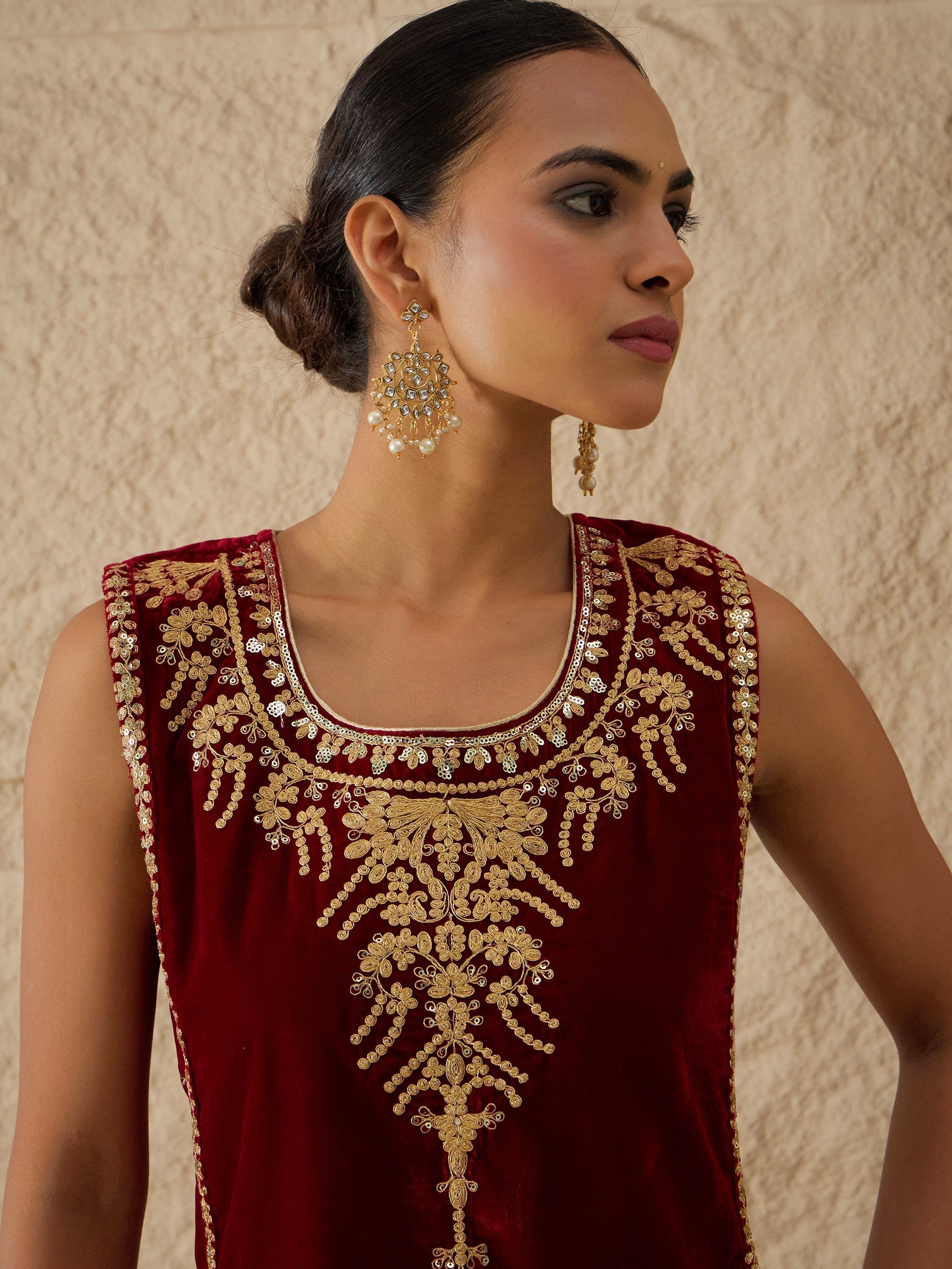 Maroon Velvet Sleeveless Top With Pleated Skirt Shae by SASSAFRAS