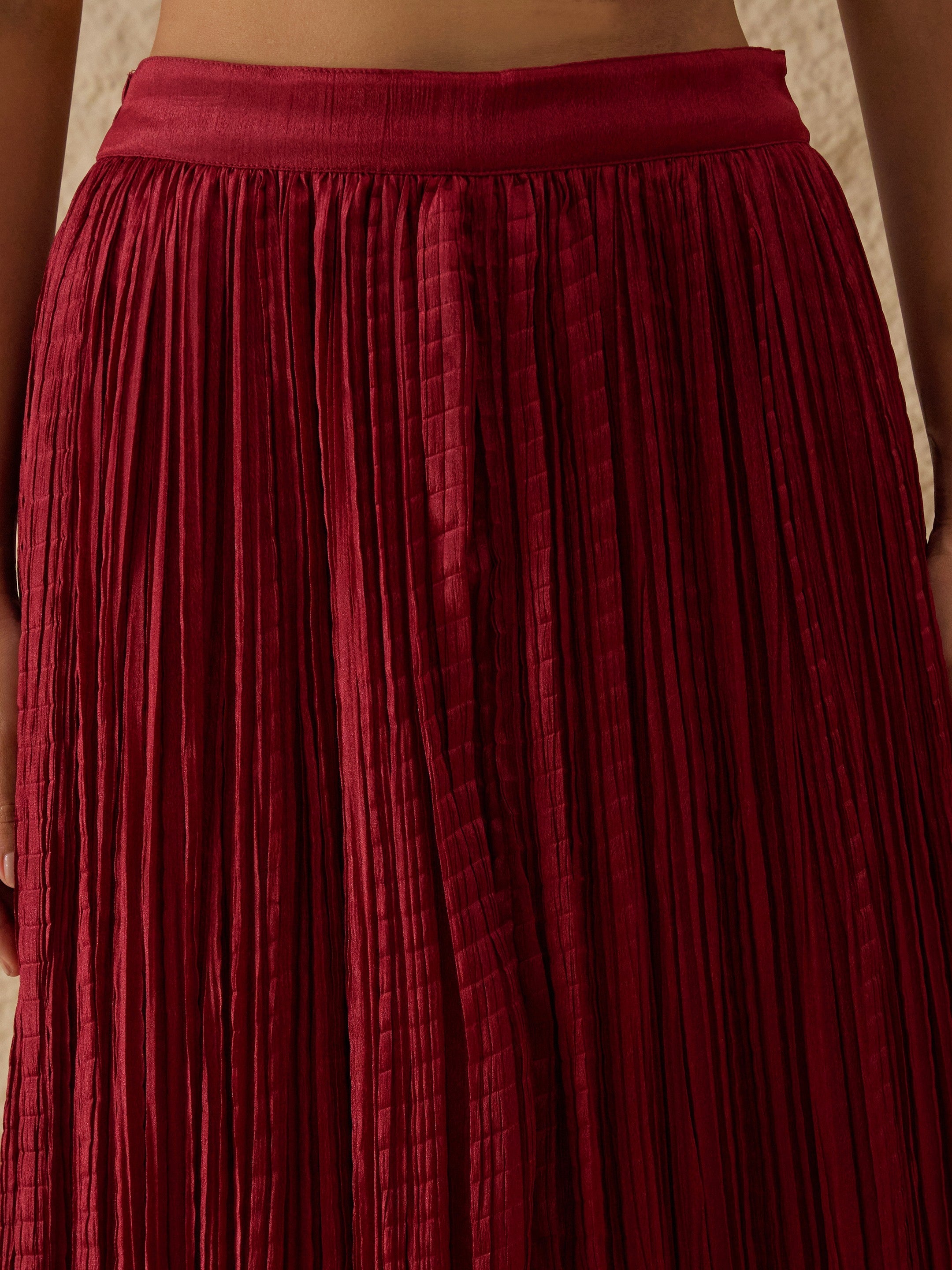 Maroon Velvet Sleeveless Top With Pleated Skirt Shae by SASSAFRAS