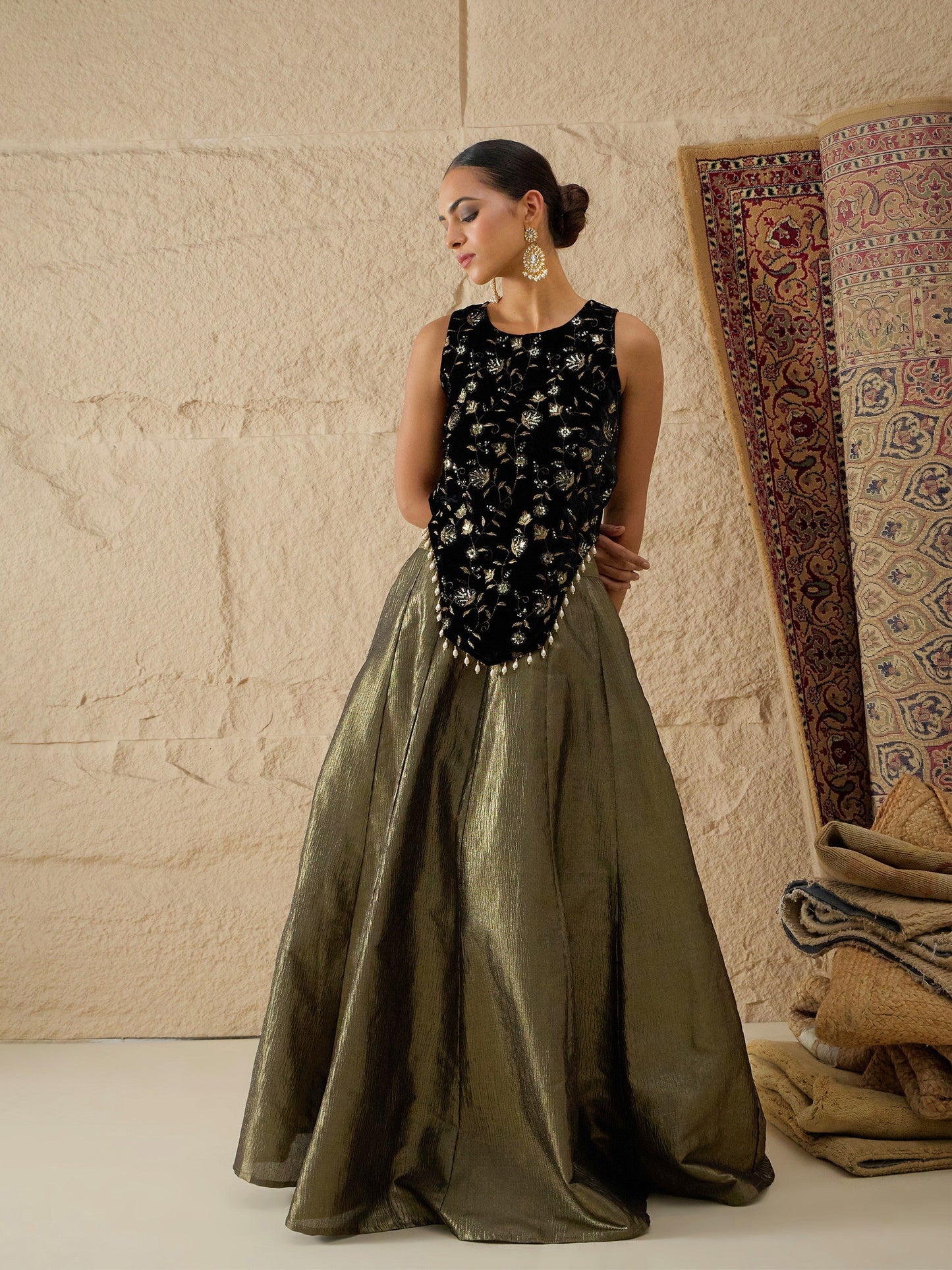 Black Velvet Top With Crinkled Anarkali Skirt-Shae by SASSAFRAS