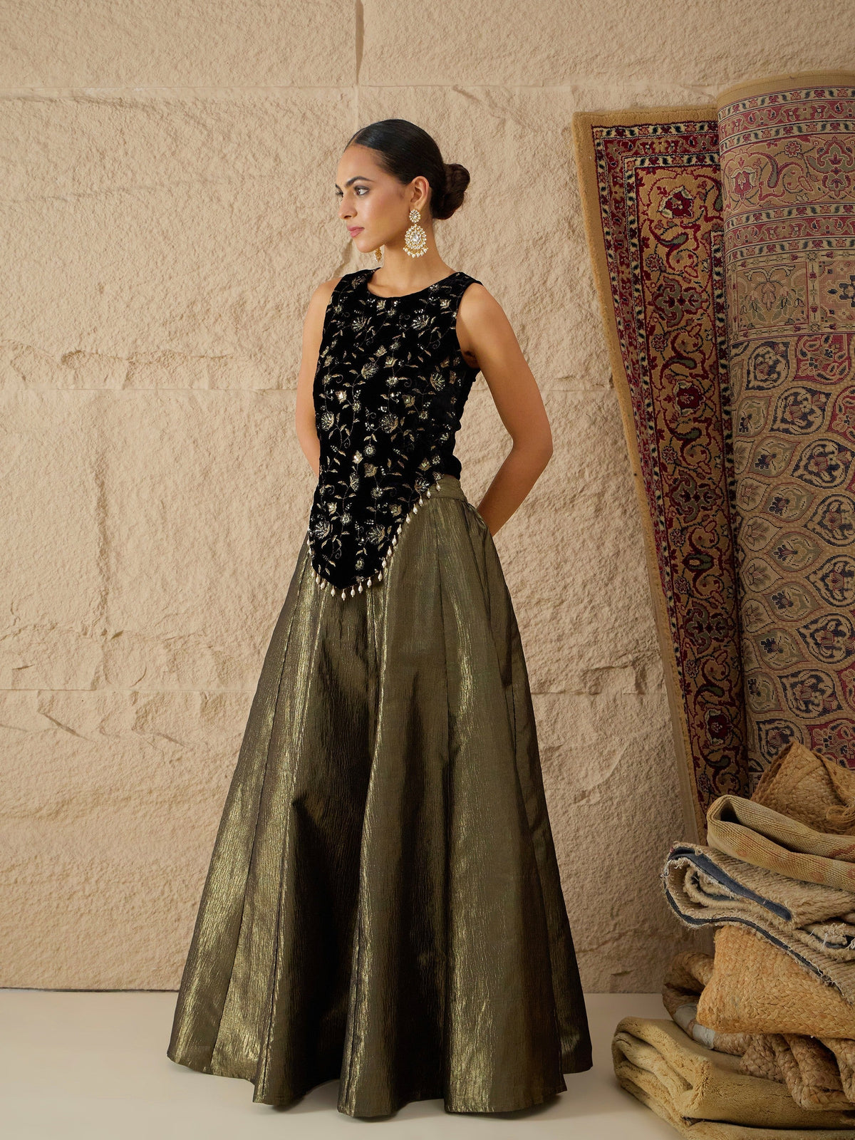 Black Velvet Top With Crinkled Anarkali Skirt-Shae by SASSAFRAS