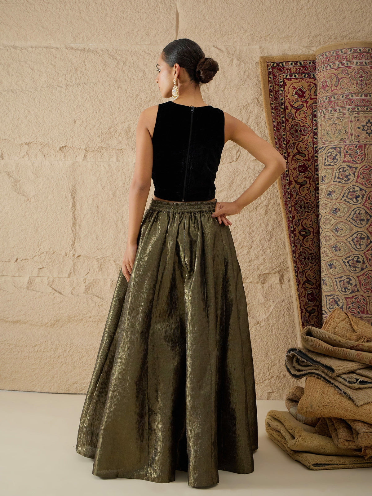 Black Velvet Top With Crinkled Anarkali Skirt-Shae by SASSAFRAS