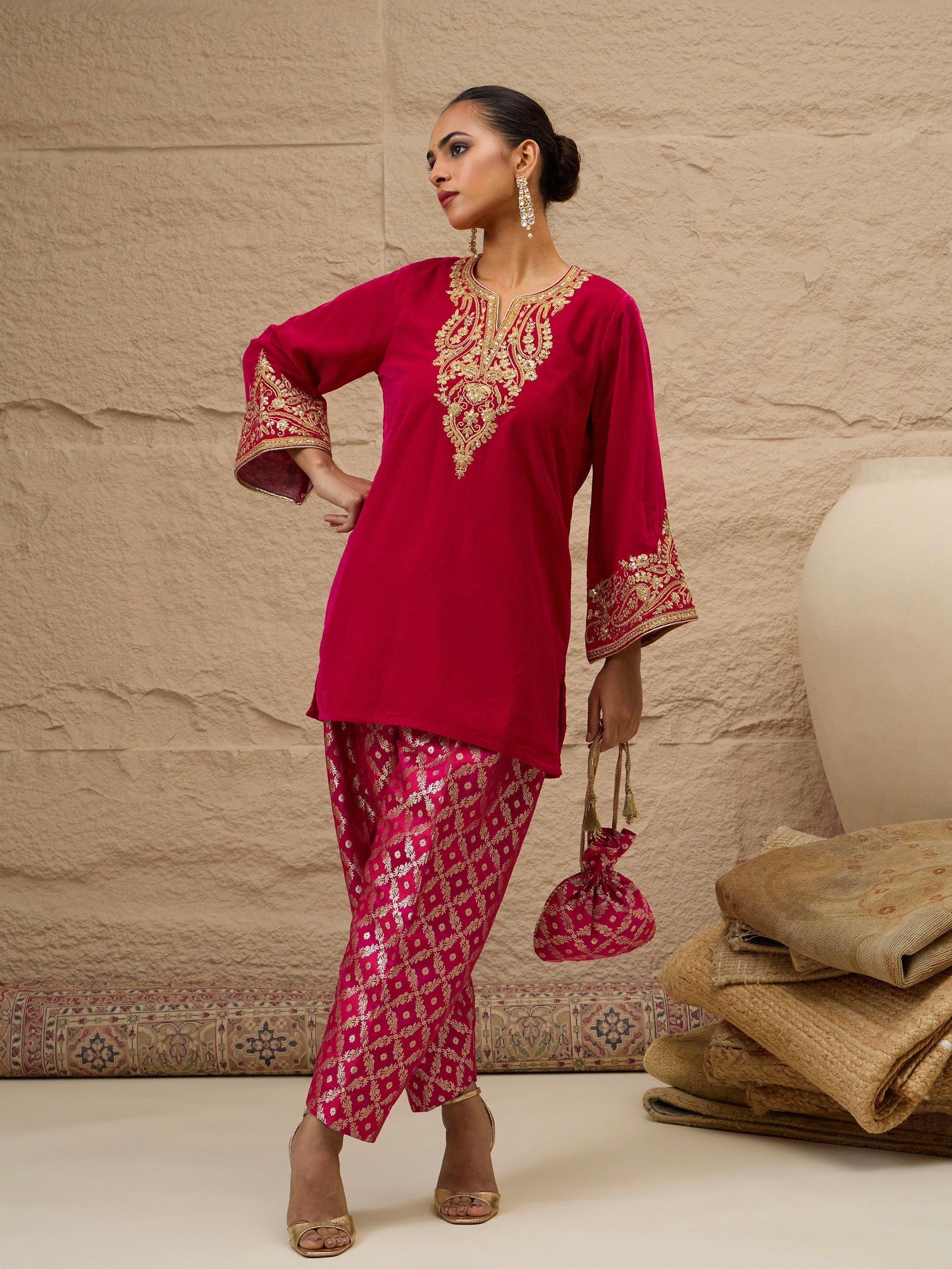 Fuchsia Velvet Embroidered Short Kurta With Farshi Salwar Shae by SASSAFRAS