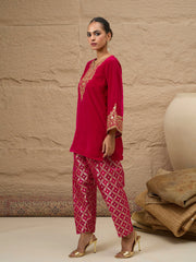 Fuchsia Velvet Embroidered Short Kurta With Farshi Salwar Shae by SASSAFRAS