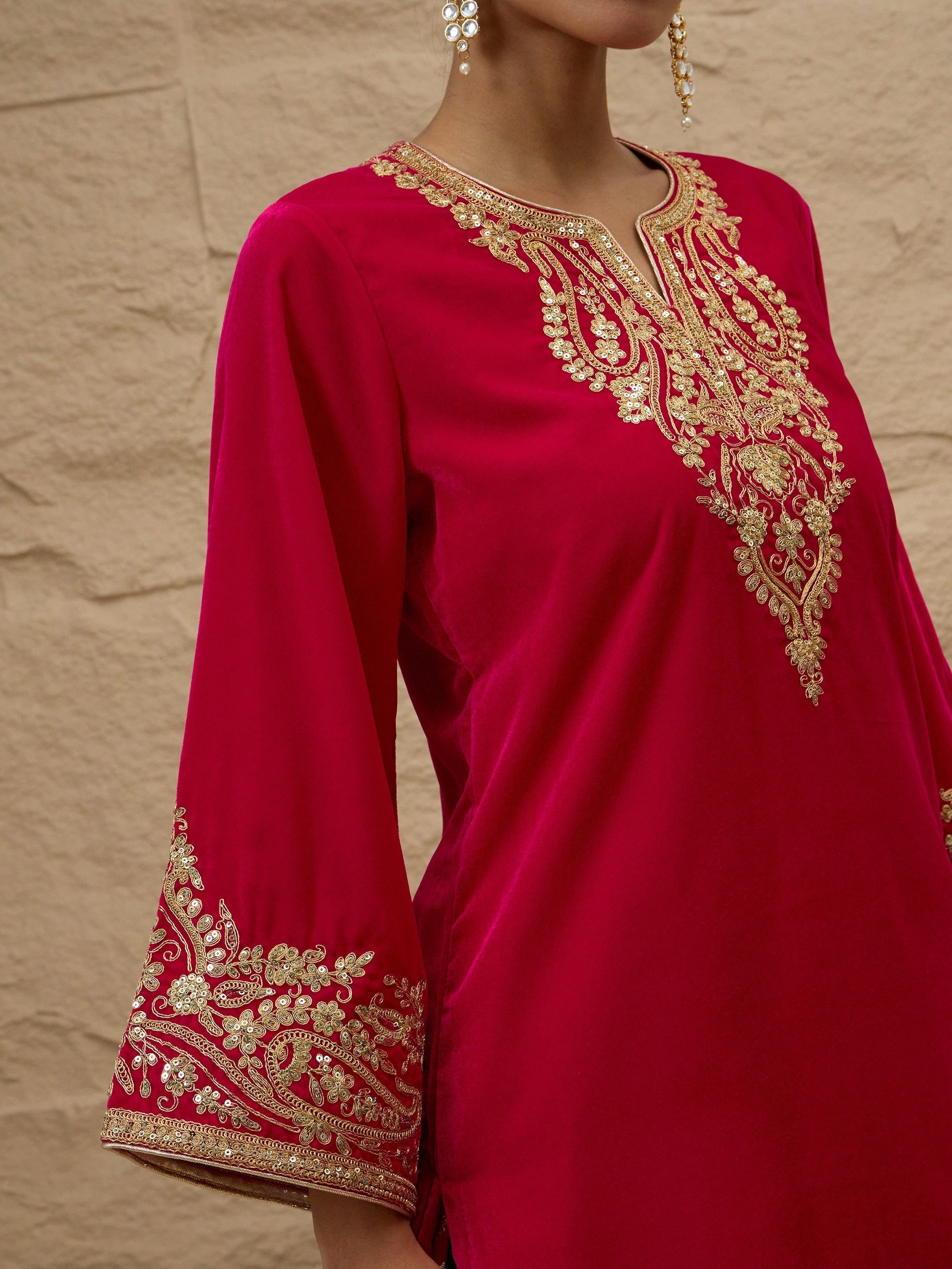 Fuchsia Velvet Embroidered Short Kurta With Farshi Salwar Shae by SASSAFRAS