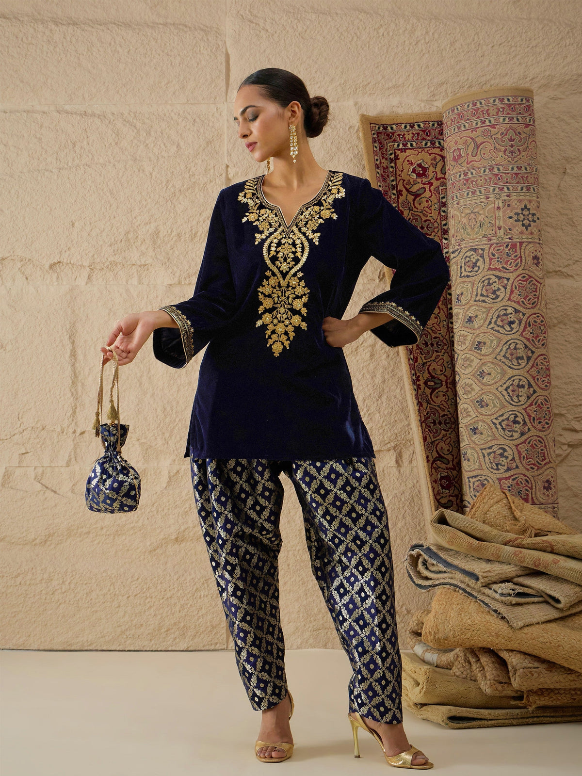 Navy Velvet Embroidered Short Kurta With Farshi Salwar Shae by SASSAFRAS