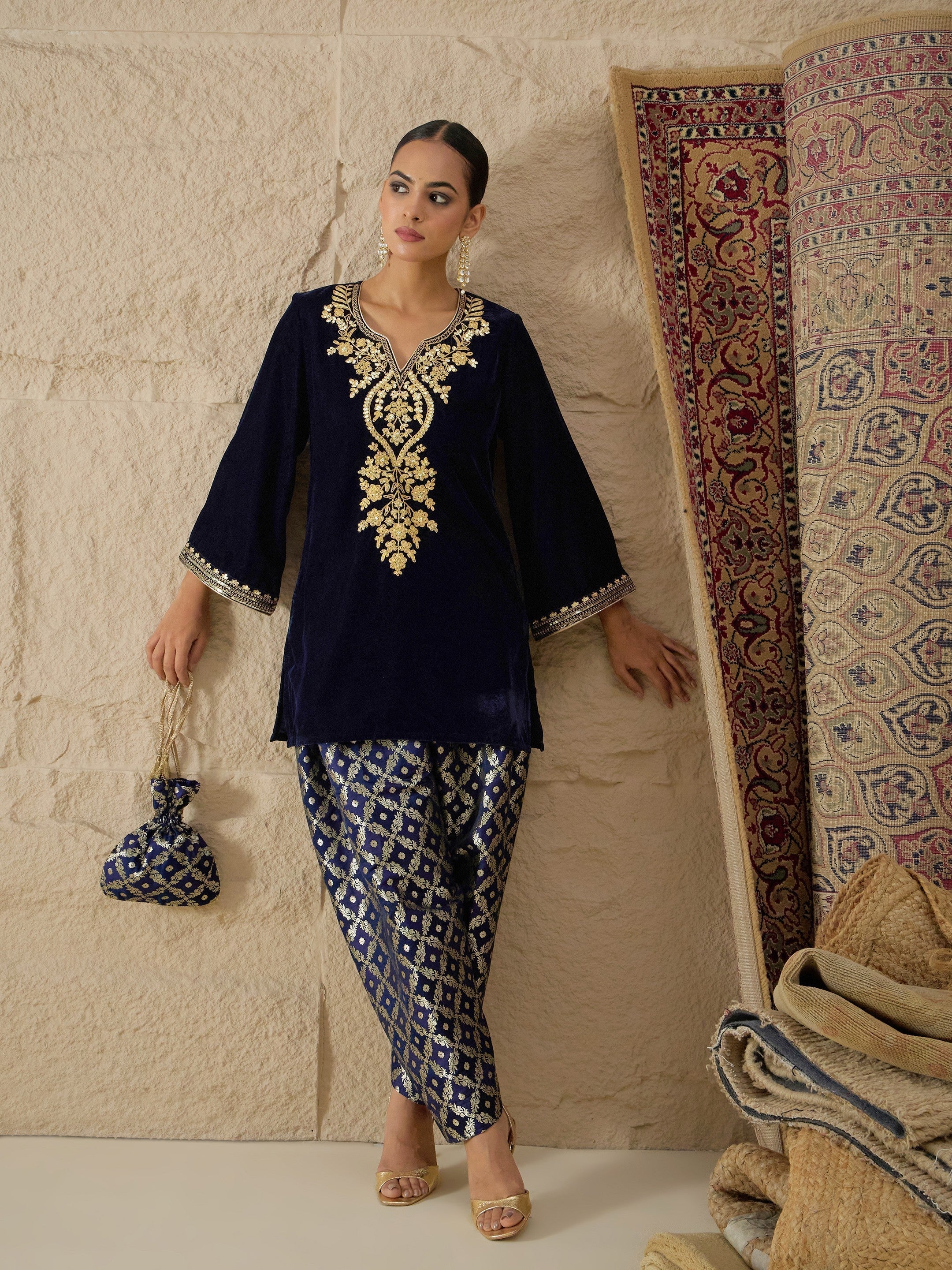 Navy Velvet Embroidered Short Kurta With Farshi Salwar Shae by SASSAFRAS