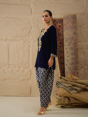 Navy Velvet Embroidered Short Kurta With Farshi Salwar Shae by SASSAFRAS